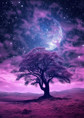 Fototapeta na wymiar Generative AI Fantasy landscape with a tree and a full moon in the sky