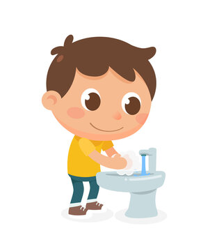 Cute kid instructor performing health care instruction to prevent from covid-19 virus and flu. A kid is washing his hands with soap. Flat vector illustration.