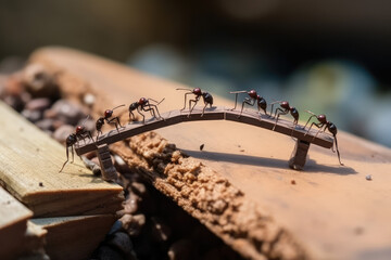Team of ants work constructing bridge, generative AI