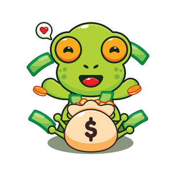 cute frog with money bag cartoon vector illustration.