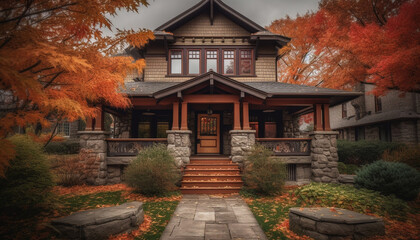 The old church in the forest, a tranquil autumn scene generated by AI