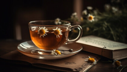 Fototapeta premium Old fashioned literature and hot drinks on rustic wooden table outdoors generated by AI