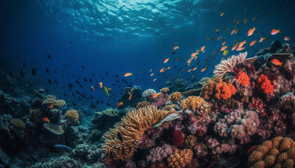 Naklejka na ściany i meble Deep below, a multi colored seascape of aquatic animals swimming generated by AI