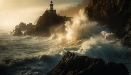 Fototapeta premium The beacon light breaks through the fog, a stunning seascape generated by AI