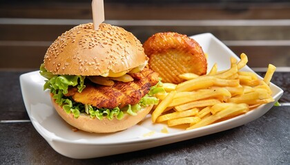 hamburger and fries with france fry