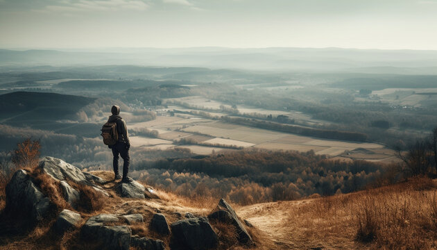 One person hiking with backpack, enjoying tranquil mountain scenery generated by AI