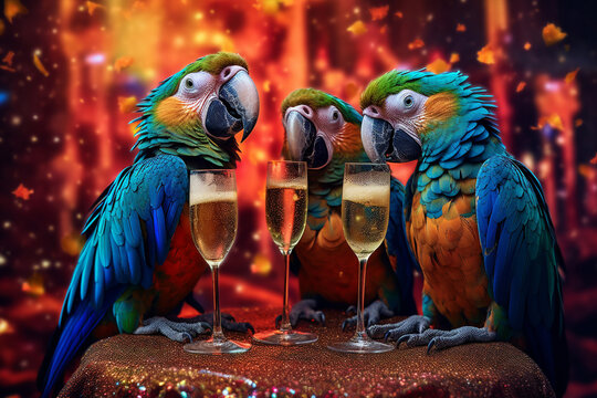 3 fr&ouml;hliche Papageien mit Konfetti und Drinks in Partystimmung. Generative Ai