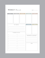 Day Week planner. (pastel) Minimalist planner template set. Vector illustration.