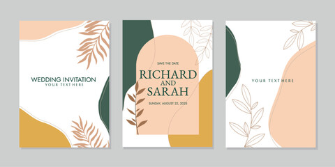 Fototapeta premium set of pastel color invitation cover designs with hand drawn floral decorations. abstract boho botanical background. For books, invitations, planners, catalogues, binders, diaries, brochures, notebook
