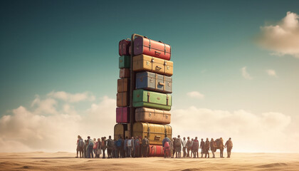 A group of men carrying heavy cargo containers outdoors at sunset generated by AI