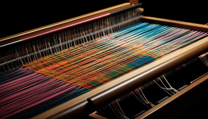 Woven textile pattern on loom, multi colored, close up fashion design generated by AI