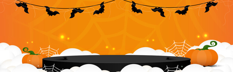 Empty black podium for product display with bats decorative, clouds, Pumpkins, and spiders on orange background. Halloween background. Product stage shows. Vector illustration.