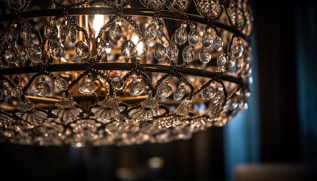 Antique chandelier illuminates modern nightclub with elegant crystal reflections generated by AI