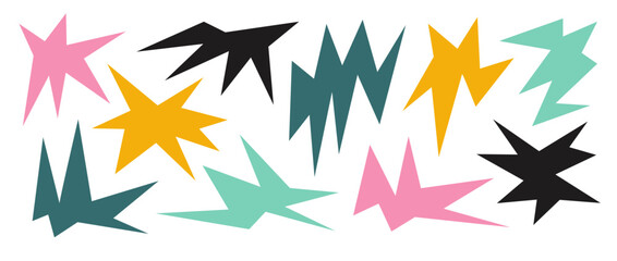 Colorful sharp irregular shapes set. Abstract geometric edgy elements collection. Asymmetric angular forms for banners, collages, posters, stickers, decoration. Design bundle vector. 