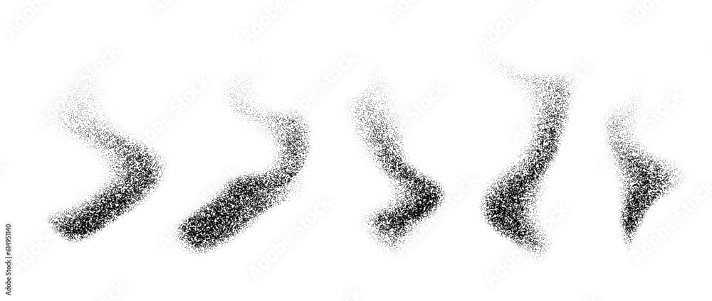 Poster textured wavy forms set. black stipple grain smoke or steam pack. dotted sand noise fog collection. 