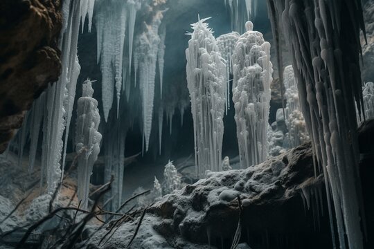A cave formed by dripping calcium carbonate, stunning stalactites and stalagmites. Generative AI
