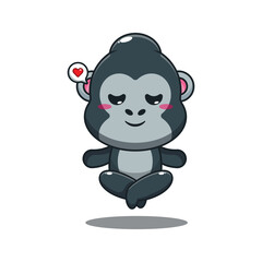 gorilla doing meditation yoga cartoon vector illustration.