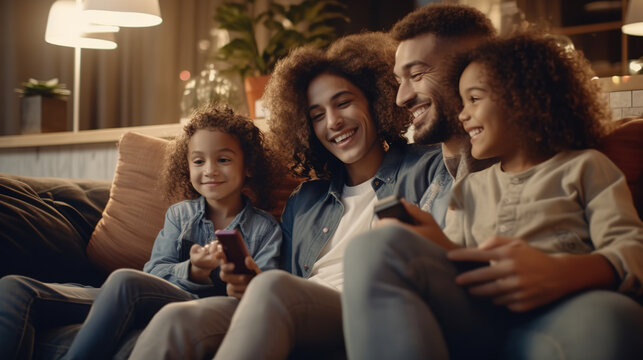 Smiling black parents on sofa, hugging child, photo at home together. Portrait of a happy young african american family with little boy.. generative ai