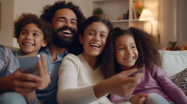 Smiling black parents on sofa, hugging child, photo at home together. Portrait of a happy young african american family with little boy.. generative ai