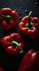 washed red peppers on black background.