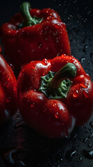 washed red peppers on black background.