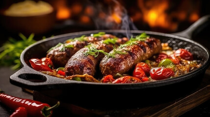 Close-up of homemade full sausage with unique texture, color and richness of taste created with Generative AI Technology

