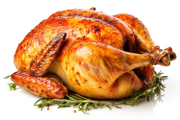 Whole roasted chicken on a white background. Grilled chicken. Ai generative.