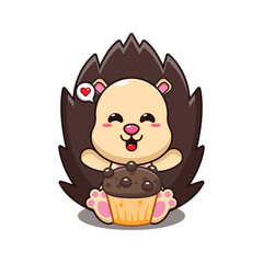 hedgehog with cup cake cartoon vector illustration.