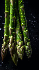 washed asparagus spears black background.