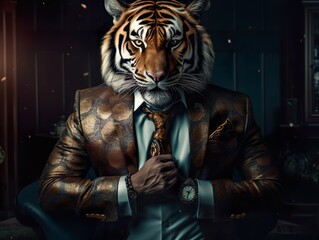 Fototapeta na wymiar High fashion tiger businessman, powerful presence, possessed eyes, brutal, executive look, photorealism, generated ai