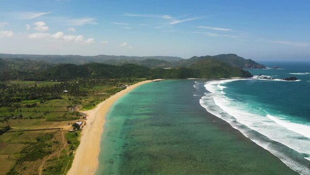 Lancing beach in Lombok island, Indonesia, aerial drone view