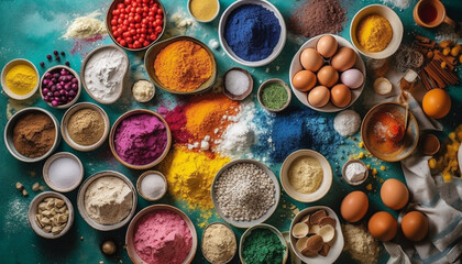 Vibrant colors of Indian spices decorate the organic food bowl generated by AI