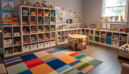 A colorful playroom with books, toys, and creative equipment generated by AI