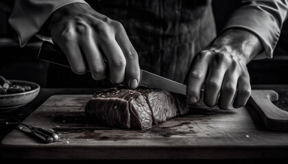 The chef hand slices fresh steak on a wooden board generated by AI