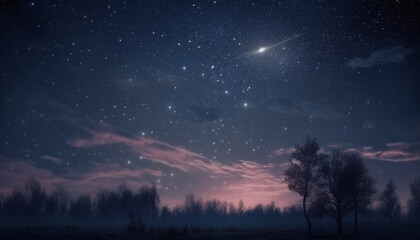 Silhouette of tree branch against starry Milky Way galaxy landscape generated by AI