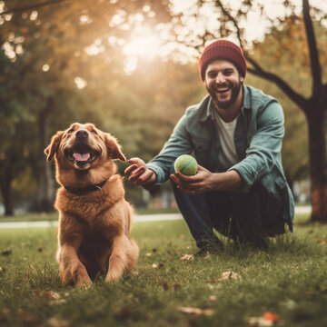 happy man playing fetch with dog outside