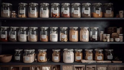 Abundance of healthy food in glass containers on wooden shelves generated by AI