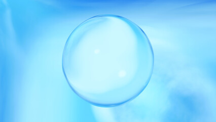 Fototapeta na wymiar 水色背景に一つの透明な球体。3d。（横長）