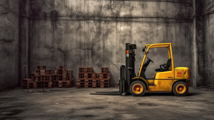 Fototapeta na wymiar Powerful Presence: Forklift Against Dirty Concrete Wall