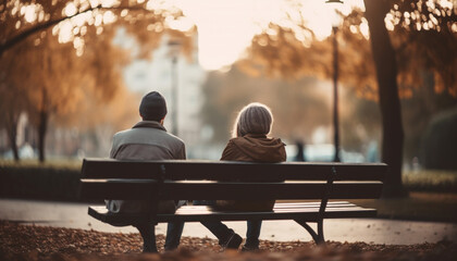A married couple embraces on a bench, enjoying autumn sunset generated by AI