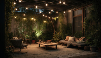 Fototapeta premium Comfortable armchair illuminated by electric lamp in modern living room generated by AI