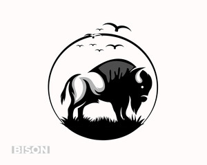 nature bison with grass and flying bird in circle frame logo design template illustration inspiration © ShiipArts