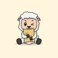 Cute baby sheep cartoon sleeping on pillow flat vector icon illustration. 