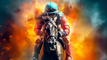 Horse racing, fast thoroughbred racehorse in full gallop with a horse jockey. Betting on horse race winner, horse on fire illustration. Professional touch up.