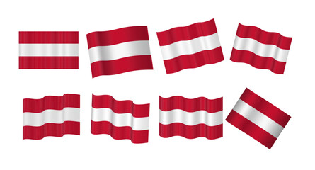 set of Austria waving flagged patriotic emblems isolated on white background 3d vector illustration. 8 variations wavy realistic flag as a symbol of patriotism. European Union countries flag