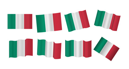 set of Italy waving flagged patriotic emblems isolated on white background 3d vector illustration. 8 variations wavy realistic flag as a symbol of patriotism. European Union countries flag