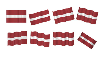 set of Latvia waving flagged patriotic emblems isolated on white background 3d vector illustration. 8 variations wavy realistic flag as a symbol of patriotism. European Union countries flag
