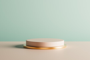 3d presentation pedestal with gold element over green wall background. 3d rendering of mockup of presentation podium for display or advertising purposes for cosmetic or other products
