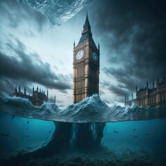 Big Ben sinking into the sea - obrazy, fototapety, plakaty