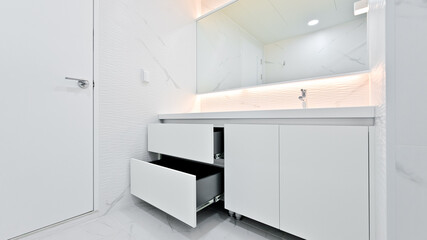 Clean interior bathroom with white color materials